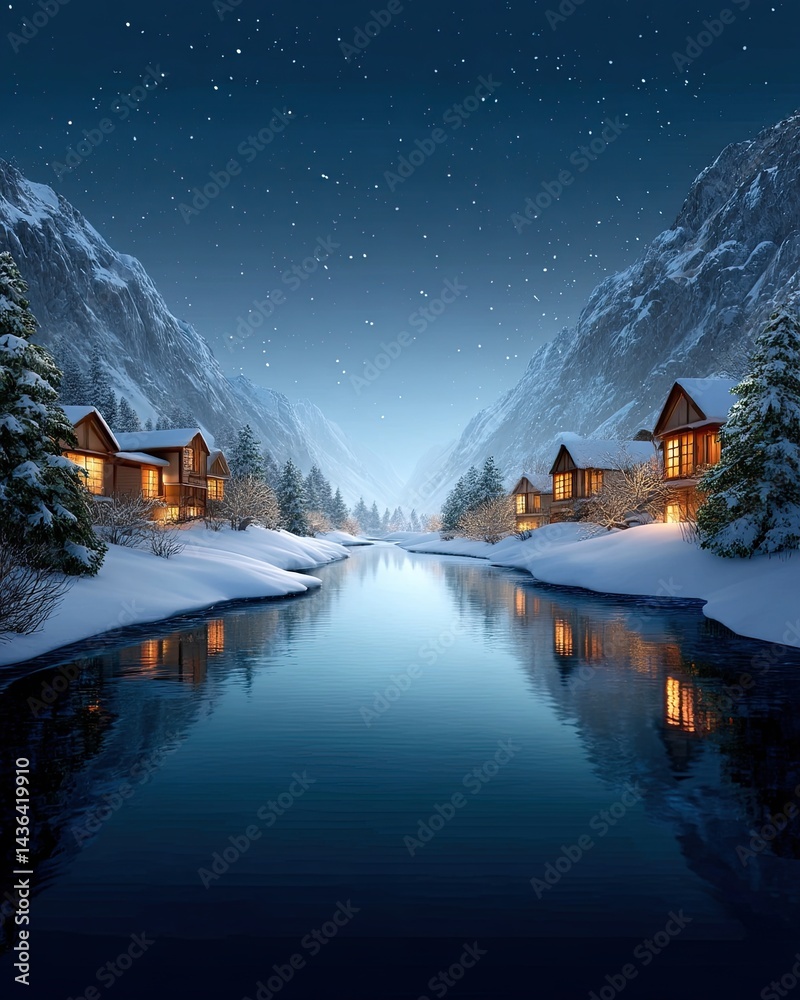 Fototapeta premium Snowy tiny village with cozy glowing windows background for winter scenes, charming snowy tiny village with cozy glowing windows for seasonal designs, magical snowy tiny village with cozy glowing