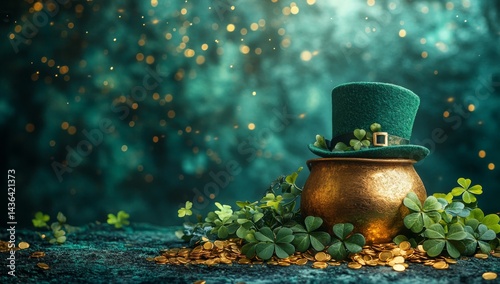 A leprechaun's hat sits atop a pot of gold coins surrounded by shamrocks against a teal background with golden bokeh.