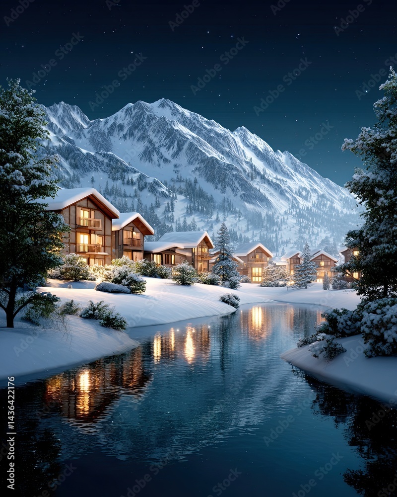 Fototapeta premium Snowy tiny village with cozy glowing windows background for winter scenes, charming snowy tiny village with cozy glowing windows for seasonal designs, magical snowy tiny village with cozy glowing