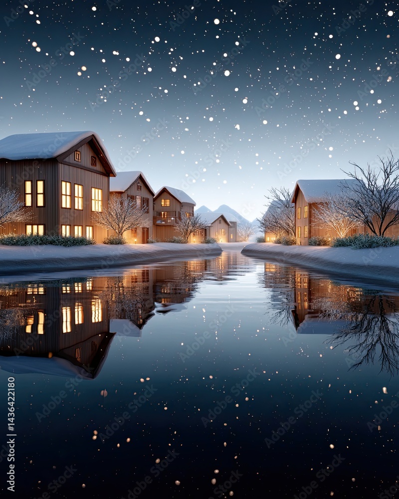 Fototapeta premium Snowy tiny village with cozy glowing windows background for winter scenes, charming snowy tiny village with cozy glowing windows for seasonal designs, magical snowy tiny village with cozy glowing