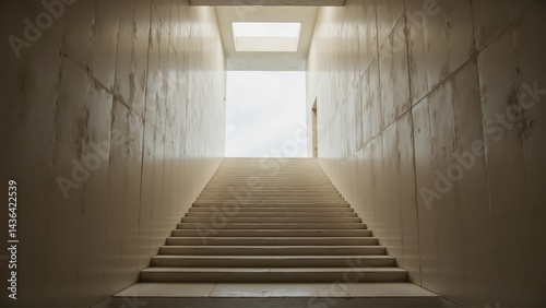 mental health awareness depression advocacy. A staircase leads to a bright, illuminated exit, with walls reflecting subtle textures and light, creating a serene atmosphere.