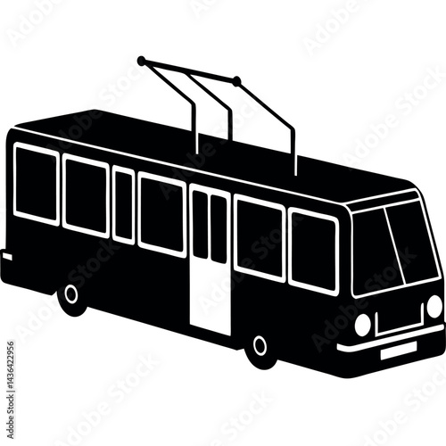 Side view of electric trolleybus silhouette with minimal black design