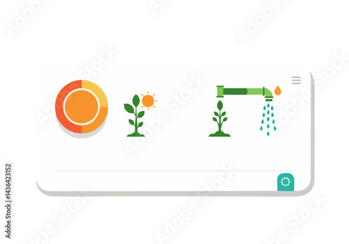 App interface showcasing sunlight, plant growth, and irrigation. Clean, modern design with icons representing essential elements for plant care. Ideal for gardening apps.