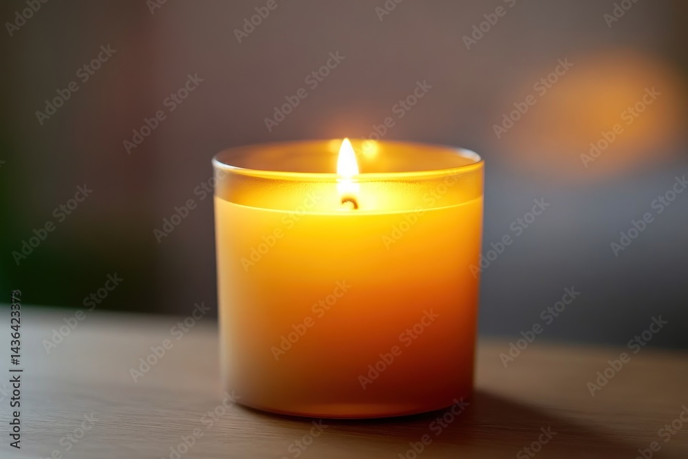 Lit candle on wooden table, warm light, home interior, relaxation Lit candle on wooden table, warm light, home interior, relaxation