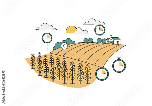 Golden field with wheat stalks and clocks representing time and growth. A farmhouse sits on a hill. Ideal for concepts of agriculture, time, and prosperity.
