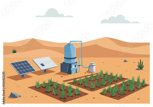 Solar-powered irrigation system sustains a small farm in a desert landscape. A sustainable solution for agriculture in arid climates. Clean, bright, and visually appealing.
