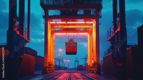 Container being lifted at shipping port front view Cargo handling efficiency digital tone Analogous Color Scheme.