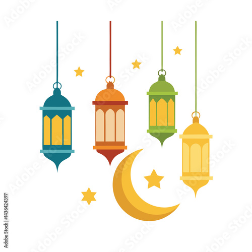 Hanging Lanterns with Moon and Star on White Background