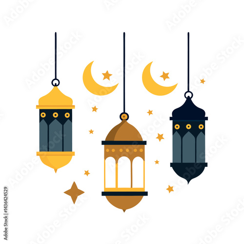 Hanging Lanterns with Crescent Moon and Star