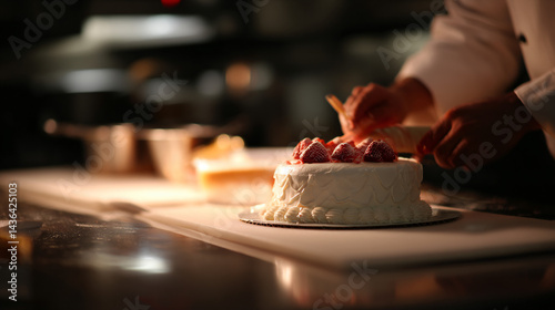 Chef decorating a cake in a professional kitchen