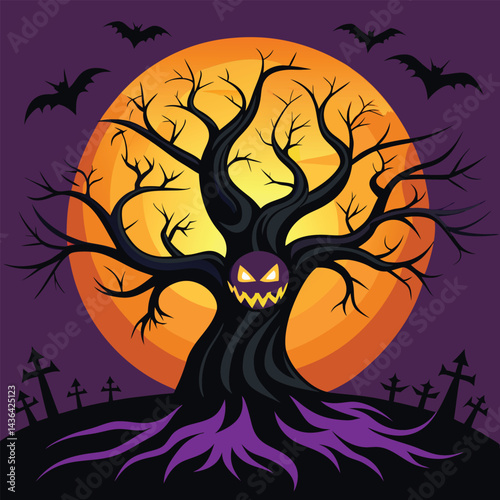 Spooky Halloween Tree Scene at Night with Full Moon and Gravestones