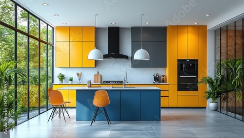 Modern kitchen design featuring vibrant yellow and blue cabinets.