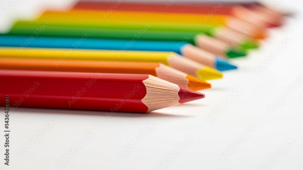 Fototapeta premium group colored pencils arranged row white surface pencils different colors red orange yellow green blue purple red pencil center yellow pencil side green pencil middle colors vibrant stand out against