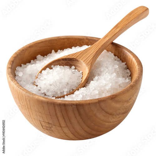 Coarse sea salt in a wooden bowl with spoon
