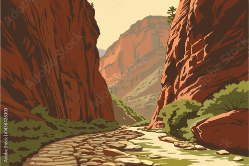 23 Narrow slot canyon, towering red rock walls, sunlit canyon floor, winding path of mossy green stones, rugged landscape, dramatic natural formation, rocky terrain, desert oasis, hidden passage, geol