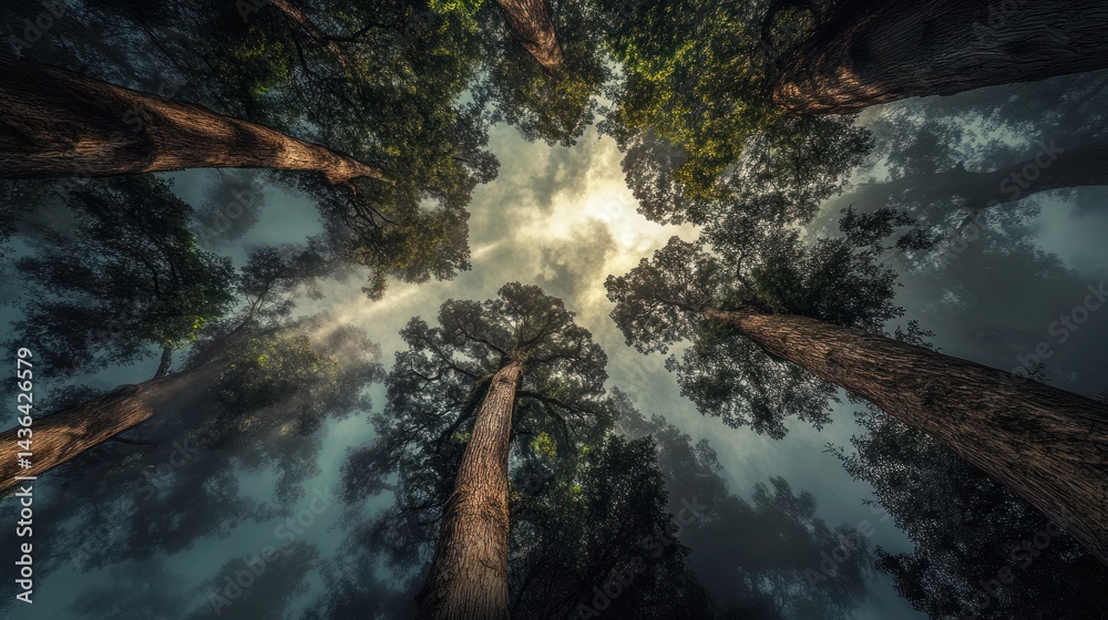 Mystical canopy view of towering trees in a foggy woodland spectacle