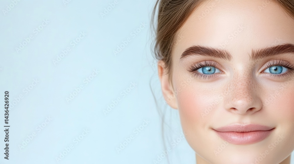 Fototapeta premium Close-up of a woman with flawless skin and bright blue eyes. Soft, natural makeup enhances her features
