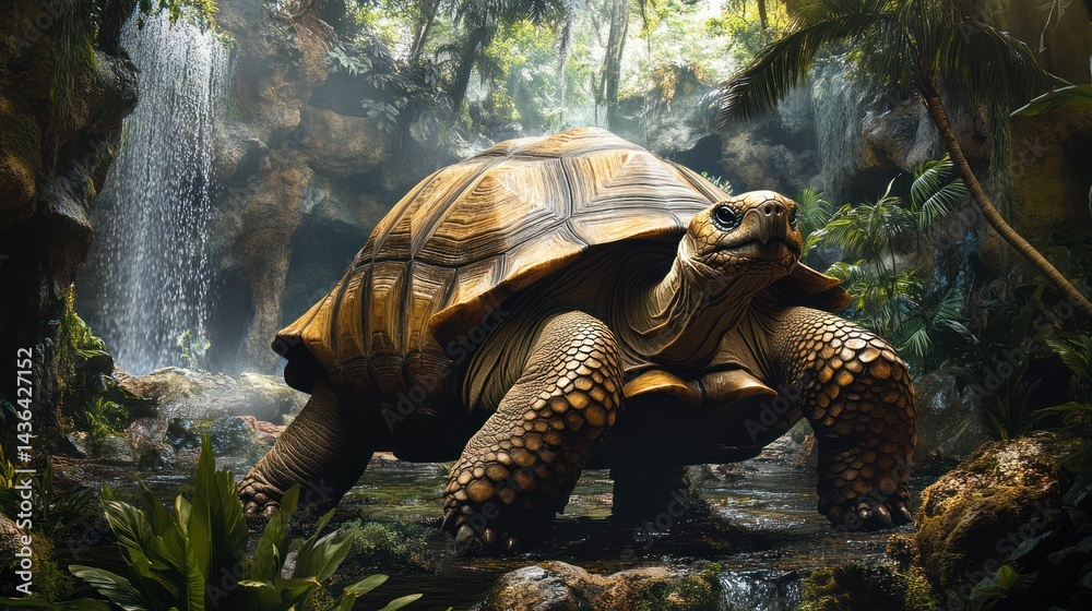 Majestic tortoise traverses a verdant landscape with gentle cascades nearby