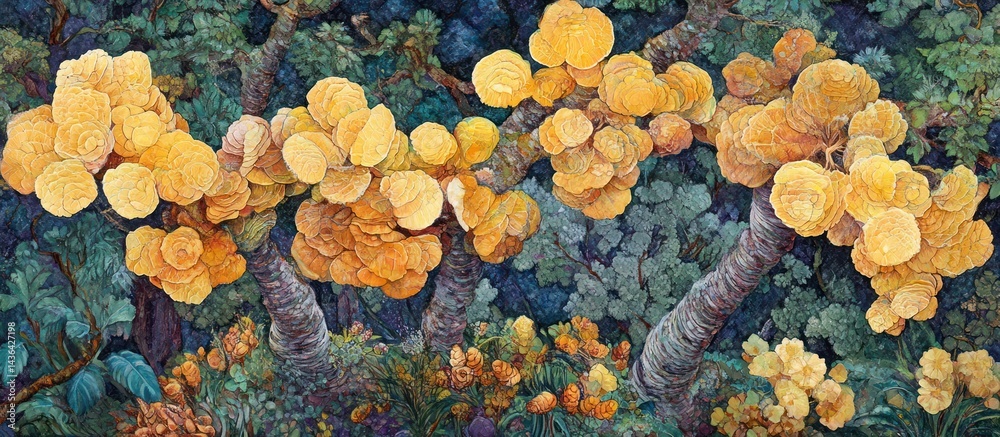 Ethereal fungal bloom on enchanted woodland trees, a surreal landscape painting
