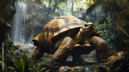 Obraz na płótnie Majestic tortoise traverses a verdant landscape with gentle cascades nearby w salonie