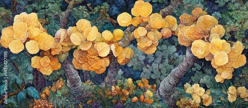 Obraz na płótnie Ethereal fungal bloom on enchanted woodland trees, a surreal landscape painting w salonie