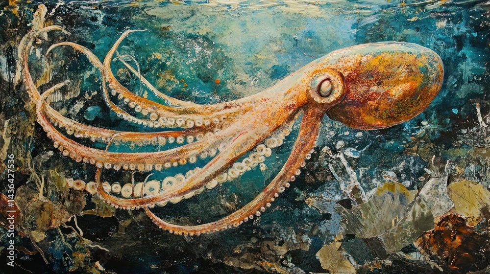 Artistic depiction of an octopus swimming in the deep sea with vivid brushstrokes