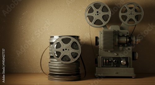 Vintage Film Reels and Projector Against a Beige Stucco Wall