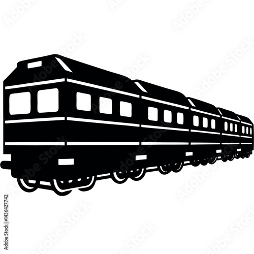 Black silhouette of long passenger train with multiple cars on white background
