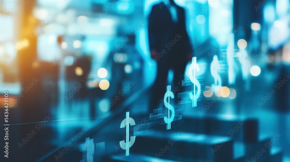 Investment progress concept, ascending step chart with dollar signs, blurred businessman in background, financial strategy and wealth building, stock photo with copy space. Investment progress concept, ascending step chart with dollar signs, blurred businessman in background, financial strategy and wealth building, stock photo with copy space.
