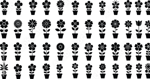 Black flower vector set feature abstract floral design silhouettes, and geometric patterns.