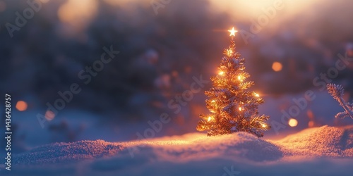 A small Christmas tree with twinkling lights sits on a snowy background, creating a warm and festive scene.