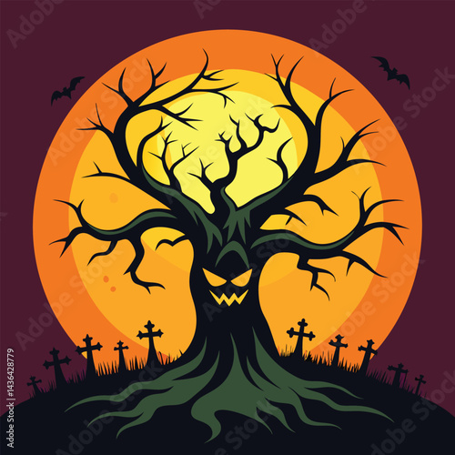 Spooky Halloween Tree Scene at Night with Full Moon and Gravestones