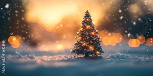 A small Christmas tree with twinkling lights sits on a snowy background, creating a warm and festive scene.