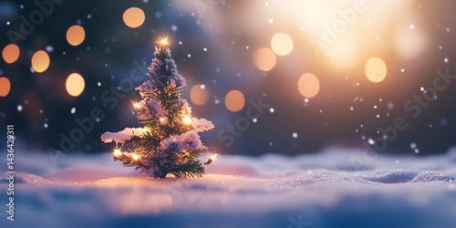 A small Christmas tree with twinkling lights sits on a snowy background, creating a warm and festive scene.