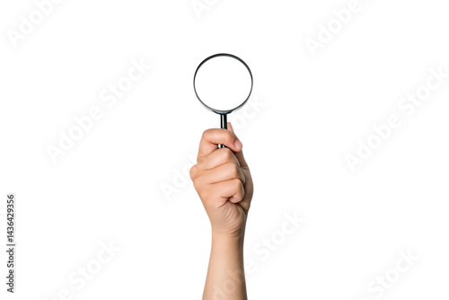 Hand holding magnifying glass isolated on white background PNG