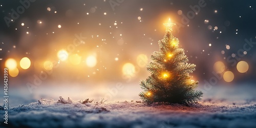 A small Christmas tree with twinkling lights sits on a snowy background, creating a warm and festive scene.