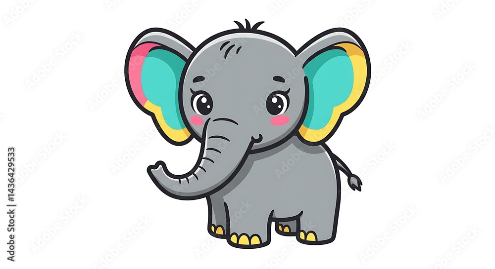Obraz premium Cartoon Elephant Standing with Big Ears Illustration