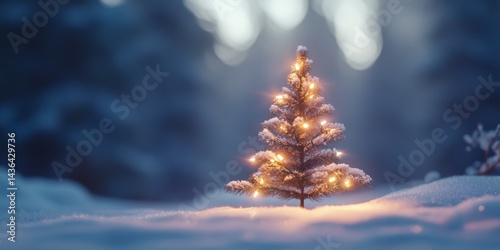 A small Christmas tree with twinkling lights sits on a snowy background, creating a warm and festive scene.