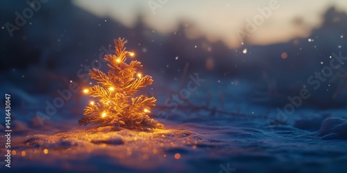 A small Christmas tree with twinkling lights sits on a snowy background, creating a warm and festive scene.