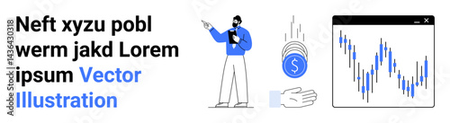 Businessperson explaining financial insights, currency falling into hand, graph showing market changes. Ideal for finance, investment, business, analytics, economy, education simple landing page