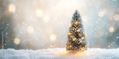 A small Christmas tree with twinkling lights sits on a snowy background, creating a warm and festive scene.
