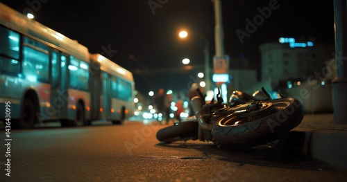 Une moto accidentée couchée sur le flanc au premier plan, avec un bus urbain stationné à proximité, la nuit, concept de campagne publicitaire pour la sécurité routière.