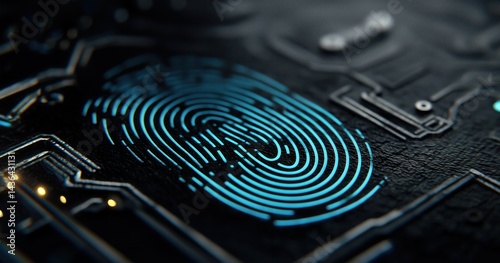 Une empreinte digitale électronique en gros plan, sur un circuit imprimé sombre avec des lignes lumineuses de couleur bleu, concept de cybersécurité.