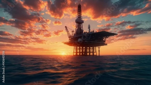 A huge oil rig floating in the ocean with a beautiful sunset background. Smooth repeating motion for background video animation.
