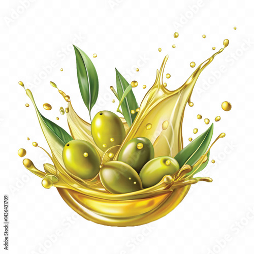 realistic smooth liquid extra virgin olive oil splash isolated on white background.