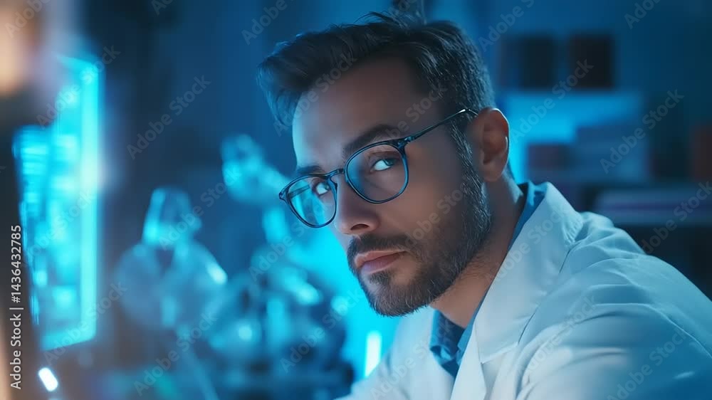 Focused scientist analyzing data in a high-tech lab, illuminated by blue lighting Focused scientist analyzing data in a high-tech lab, illuminated by blue lighting