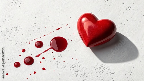 Glossy red heart lying on white surface with blood drops and splashes nearby, dramatic lighting emphasizing fragility and urgency. Concept of donation, healthcare, and lifesaving