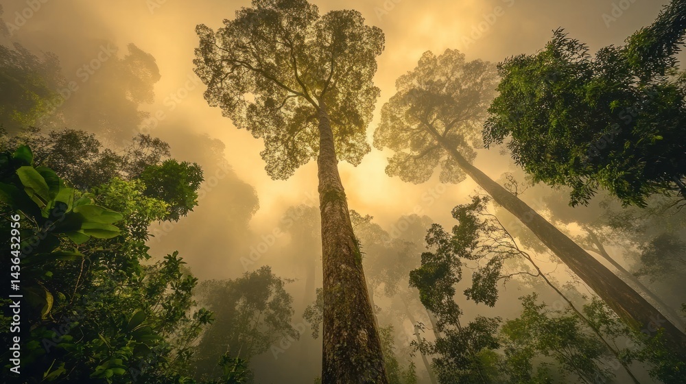 Misty canopy ambiance with towering trees and filtered sunlight cascading through foliage