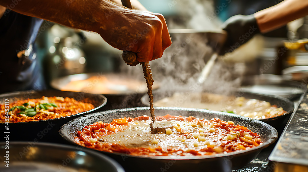 Fototapeta premium Chef Stirring a Steaming Pan of Pasta