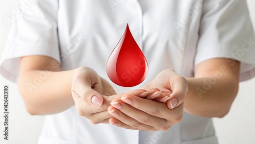 Medical worker's hands holding and protecting floating red blood drop against bright white background, symbolizing healthcare support, compassion, and donation. Concept of lifesaving help photo